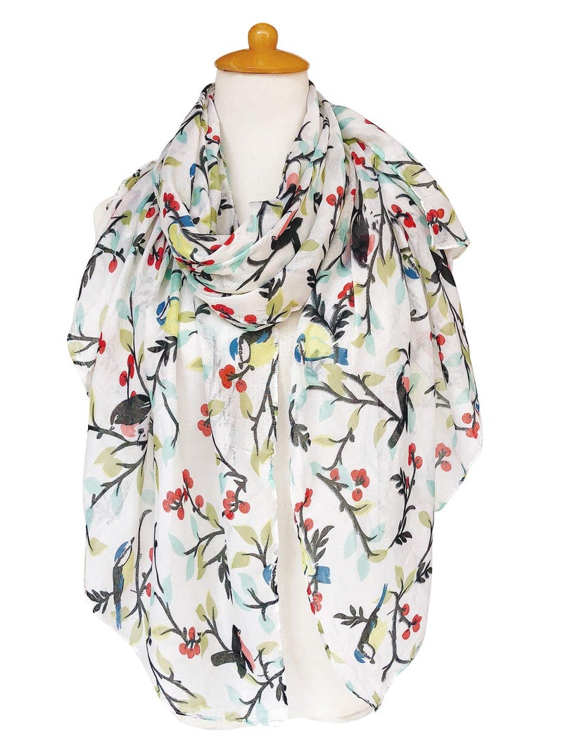 GERINLY Floral Birds Fall Warm Scarves for Women Lightweight Cotton Shawls and Wraps Soft Artistic Scarf - Image 2